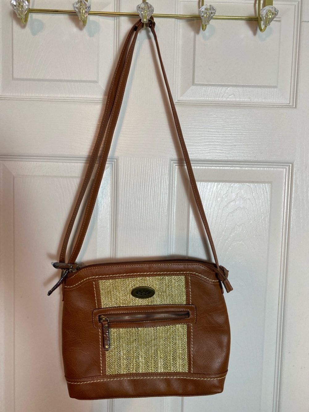 Born Concept Brown Beige Crossbody Shoulder Bag Faux Leather Straw Like Design